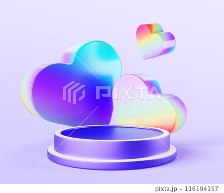 Valentines day 3d background with round podium display and rainbow neon gradient hearts render. Love banner with empty pedestal, stage mockup for beauty, cosmetic product presentation. 3D illustration Valentines day 3d background with round podium display and rainbow neon gradient hearts render. Love banner with empty pedestal, stage mockup for beauty, cosmetic product presentation. 3D illustration 116194157