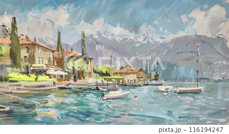 Artistic impression of a serene lakeside village with boats and mountains 116194247
