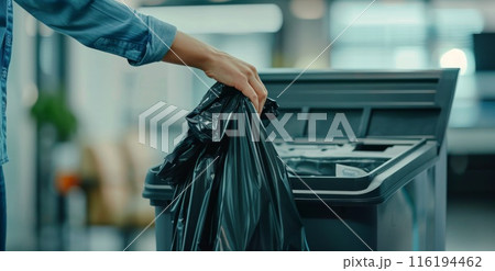 Hand with plastic garbage bag. Trash bin and man. Ecology concept, waste environment. Waste recycling 116194462