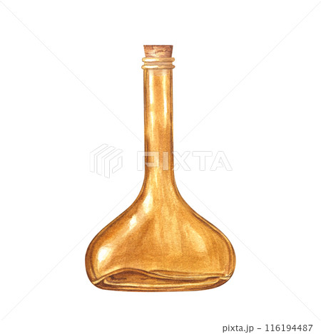Elegant antique bottle with wooden cork. Pharmacy accessory for medicinal drops, mixtures, syrups. Brown glass with stopper. Template for aromatherapy. Watercolor illustration. For home decor 116194487