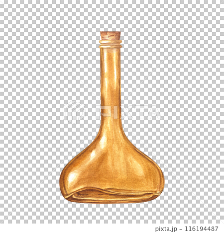 Elegant antique bottle with wooden cork. Pharmacy accessory for medicinal drops, mixtures, syrups. Brown glass with stopper. Template for aromatherapy. Watercolor illustration. For home decor 116194487