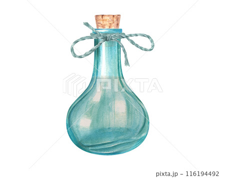 Vibrant blue handmade glass bottle with wooden stopper and bow. Designed glassware adorned with decorative cork, jute cord. For home decor, DIY projects, potion inspiration. Watercolor illustration 116194492