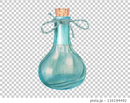 Vibrant blue handmade glass bottle with wooden stopper and bow. Designed glassware adorned with decorative cork, jute cord. For home decor, DIY projects, potion inspiration. Watercolor illustration 116194492