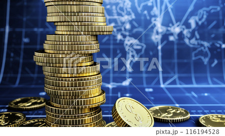 Golden coins stacked higher against a digital world map backdrop, representing economic growth and successful investments Golden coins stacked higher against a digital world map backdrop, representing economic growth and successful investments 116194528