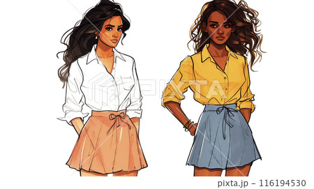 Stylish illustrated women confidently showcase modern casual attire with vibrant colors and eyecatching elegance, perfect for diverse design needs Stylish illustrated women confidently showcase modern casual attire with vibrant colors and eyecatching elegance, perfect for diverse design needs 116194530