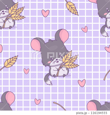 Seamless pattern with chinchilla with spikelets on purple checkered background. Funny cartoon kawaii animal rodent character. Vector illustration. Kids collection. 116194555