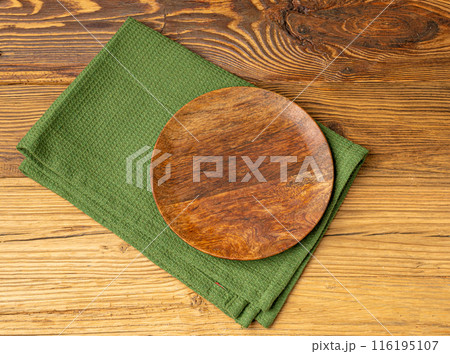 Empty Plate on Wooden Table Top View with Copy Space for Text, Rustical Kitchen Mock Up 116195107
