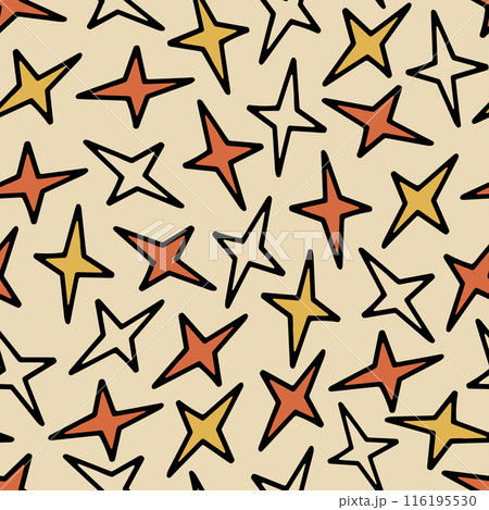 Seamless Pattern with Yellow and Red Doodle Stars. 116195530