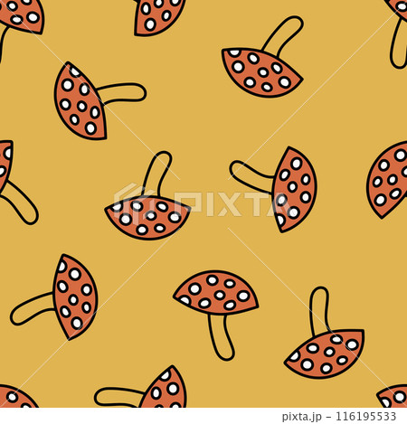 Seamless Pattern with Mushroom Fly Agaric. Red Mushroom with White Spots. Toxic Mushroom Repeating Background. Seamless Pattern with Mushroom Fly Agaric. Red Mushroom with White Spots. Toxic Mushroom Repeating Background. 116195533