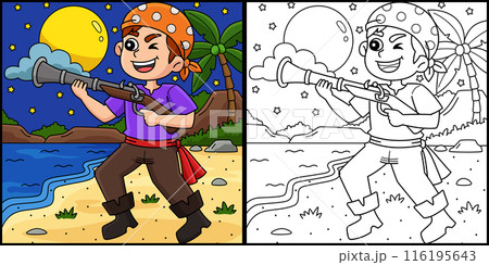 Pirate with a Gun Coloring Page Illustration 116195643
