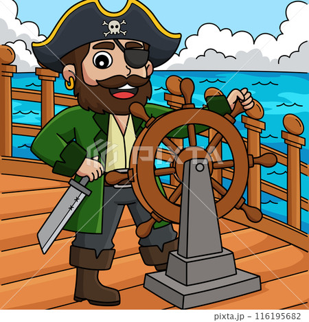 Pirate Steering the Wheel Colored Cartoon  116195682