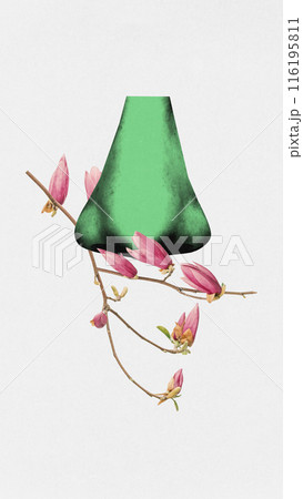 Green toned human nose sniffing tender pink flower on white background, symbolizing smell of summer and relaxation. Contemporary art collage. Green toned human nose sniffing tender pink flower on white background, symbolizing smell of summer and relaxation. Contemporary art collage. 116195811