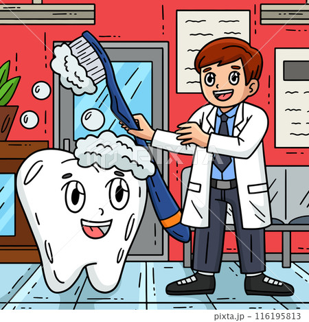 Dental Care Dentist and Tooth Colored Cartoon Dental Care Dentist and Tooth Colored Cartoon 116195813