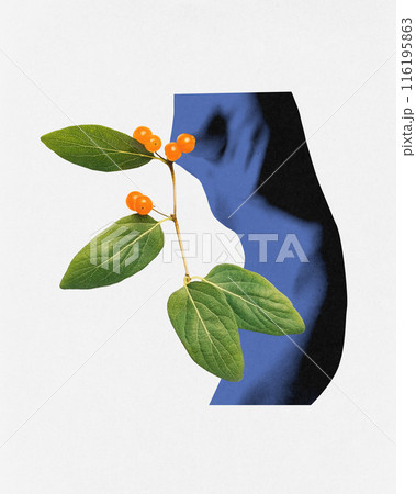 Summer elegance. Abstract portrayal of body with vibrant green leaves and orange berries to capture essence of beauty in nature. Contemporary art collage. Summer elegance. Abstract portrayal of body with vibrant green leaves and orange berries to capture essence of beauty in nature. Contemporary art collage. 116195863