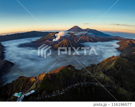 Aerial drone view of Bromo active volcano with Kingkong hill viewpoint, Tengger Semeru national park, East Java, Indonesia Aerial drone view of Bromo active volcano with Kingkong hill viewpoint, Tengger Semeru national park, East Java, Indonesia 116196077