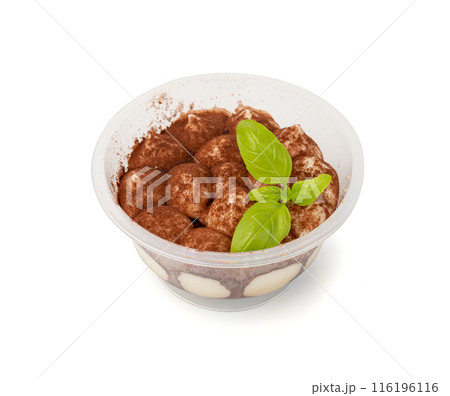 Tiramisu Cake Isolated, Coffee Dessert, Italian Tiramisu Biscuit with Mascarpone and Cocoa Powder 116196116