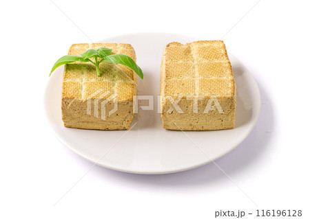 Tofu Cheese Isolated, Smoked Vegan Cheese Slice, Sliced Soya Bean Curd, Soy Protein or TSP 116196128