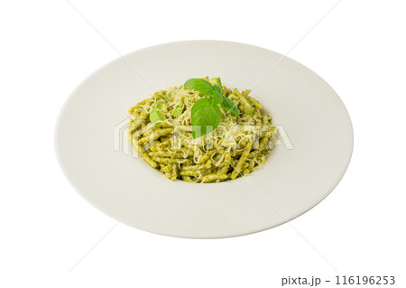 Trofie Al Pesto, Italian Pasta with Pesto Sauce, Traditional Genovese Troffie, Fusilli Pugliesi, Liguria Food 116196253