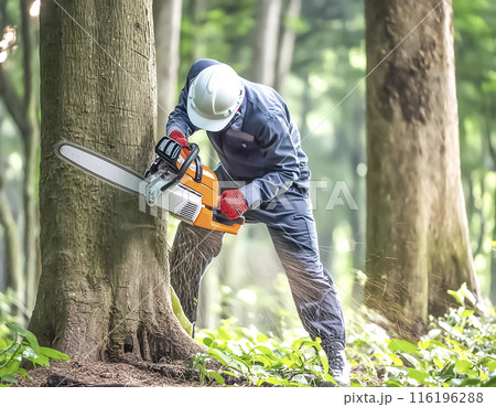 CG素材　チェーンソーで木を切る男性のイメージ素材 116196288