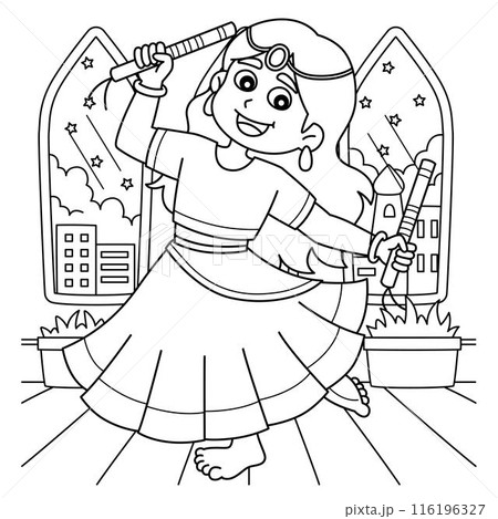 Diwali Festival Girl Dancing with Sticks Coloring  116196327