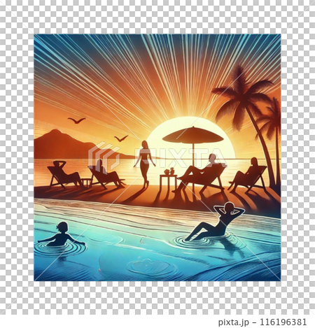 夕陽照亮的剪影和度假村熱帶島嶼 116196381