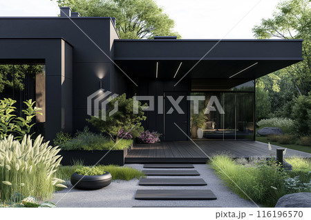 黒い外観のモダンな家と植栽のイメージ 116196570