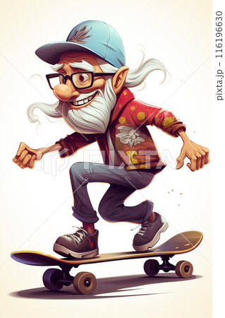 cartoon illustration of cool old active senior man skater with skateboard have fun, generative AI 116196630