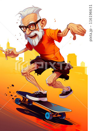 cartoon illustration of cool old active senior man skater with skateboard have fun, generative AI 116196631