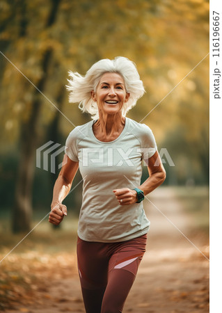 happy senior woman running in park, retired old female jogging at nature, generative AI 116196667