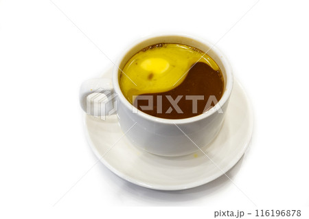 Simple cup of black espresso coffee with added butter for taste and energy, suitable as ketogenic diet. Simple cup of black espresso coffee with added butter for taste and energy, suitable as ketogenic diet. 116196878