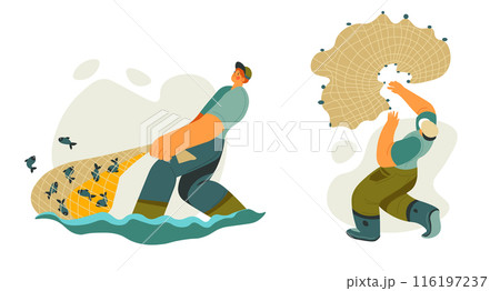 Fishermen Catching Fish With Nets 116197237