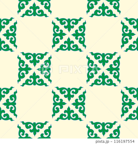 Real Tatar seamless pattern. Islamic floral geometry. Culture of the Tatar people, symbols of green and red. Real Tatar seamless pattern. Islamic floral geometry. Culture of the Tatar people, symbols of green and red. 116197554