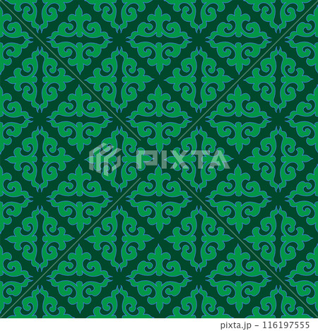 Real Tatar seamless pattern. Islamic floral geometry. Culture of the Tatar people, symbols of green and red. Real Tatar seamless pattern. Islamic floral geometry. Culture of the Tatar people, symbols of green and red. 116197555