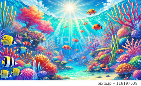 カラフルな珊瑚と太陽の光のイラスト素材 [116197639] - PIXTA