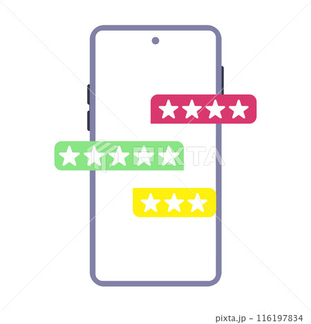 A smartphone with a white screen is showing three customer ratings, each displayed as a bar of five stars with different colors 116197834