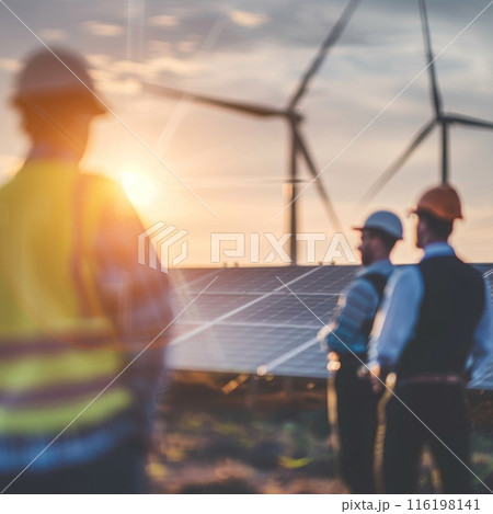 Engineers and investors discussing a sustainable energy project at sunset 116198141