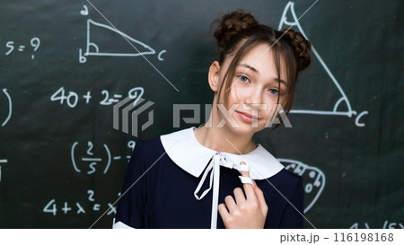 Beautiful teenage schoolgirl with brown hair near the blackboard, close-up portrait 116198168