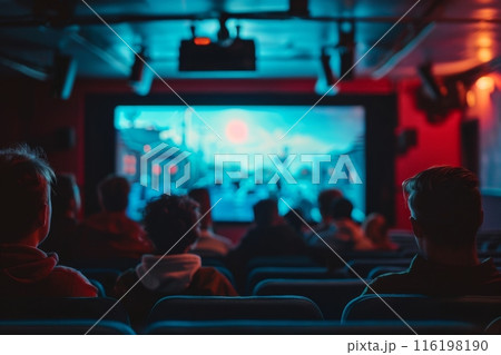 Audience watching action movie in dark cinema theater 116198190