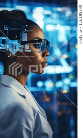 young female with futuristic virtual or augmented reality glasses, hologram projection 116198249