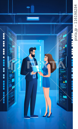 two engineer technician provide maintenance in server room, man and woman check database 116198284