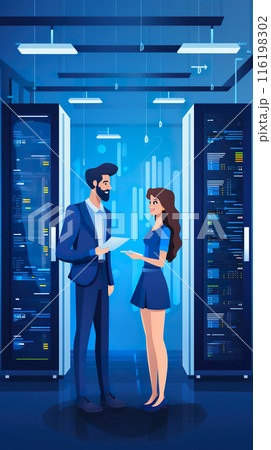 two engineer technician provide maintenance in server room, man and woman check database 116198302