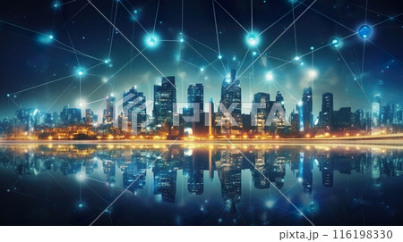 communication and network in big city, data exchange in modern world concept, generative AI 116198330