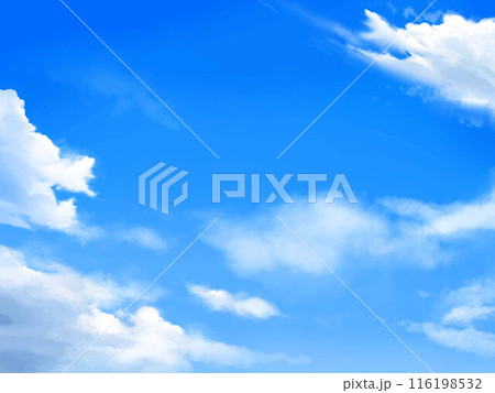 雲のある青空に飛行機雲の飛ぶ美しい初夏フレーム背景素材 雲のある青空に飛行機雲の飛ぶ美しい初夏フレーム背景素材 116198532