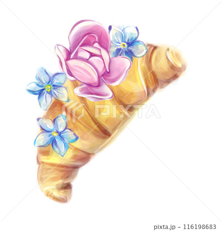 Watercolor croissant with flowers in a romantic style. French breakfas. Bakery clipart. 116198683