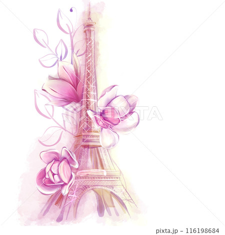 Eiffel bath watercolor drawing with magnolia flowers. Spring watercolor illustration. Flowers and Paris. 116198684
