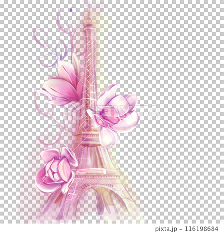 Eiffel bath watercolor drawing with magnolia flowers. Spring watercolor illustration. Flowers and Paris. 116198684