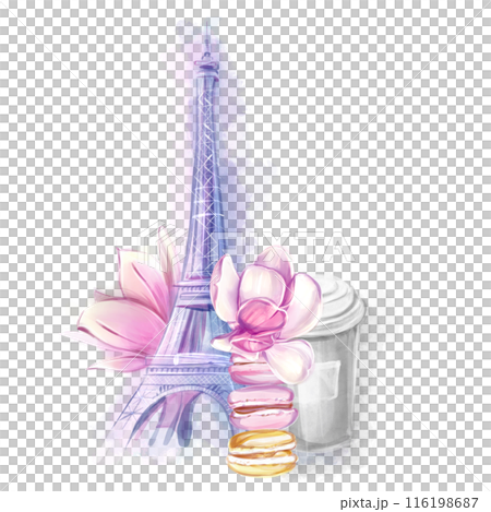 Eiffel tower with magnolias, spring clipart. coffee and macarons, breakfast. French tourism, attractions. Watercolor illustration, sketch. 116198687