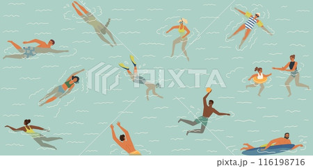Diverse people cartoon characters swimming in water scene 116198716