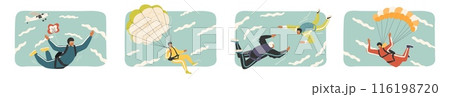 People cartoon characters parachuting flying in sky set People cartoon characters parachuting flying in sky set 116198720