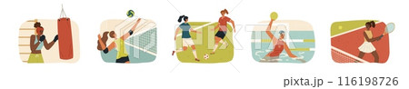 Professional woman athlete cartoon characters doing sports Professional woman athlete cartoon characters doing sports 116198726